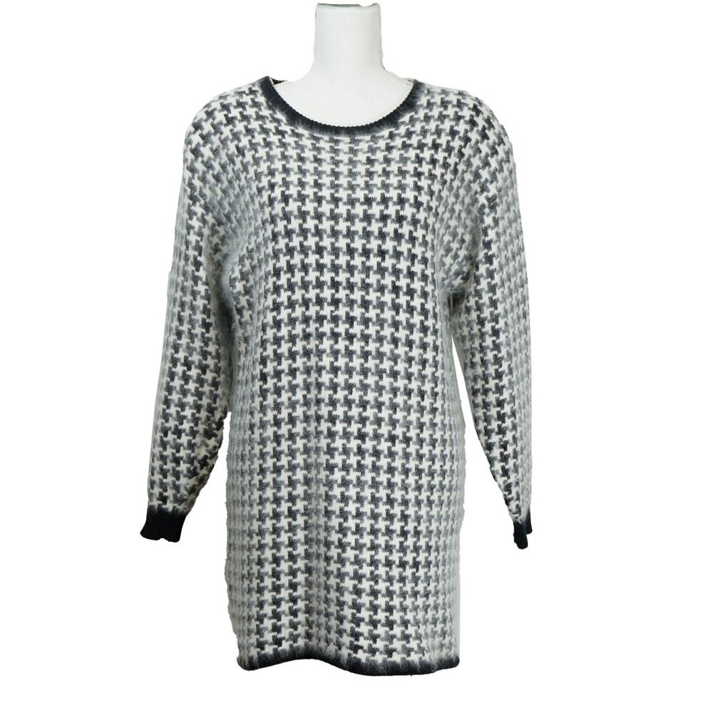 Vintage 90s Wool Sweater Fuzzy Houndstooth Angora Blend Scoop Tunic Mini Dress